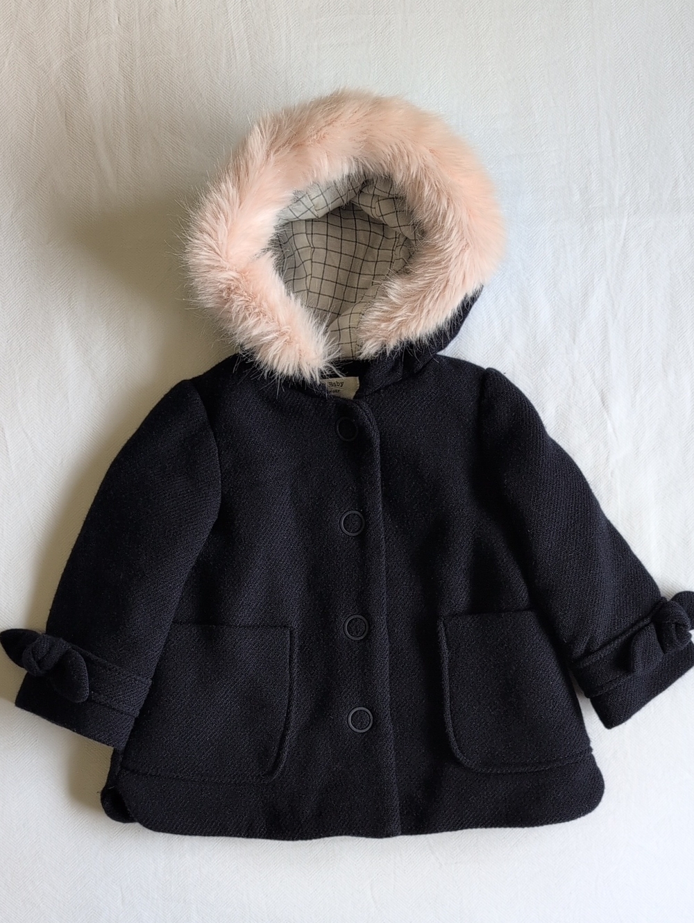 Zara Baby Girl Wool Blend Peacoat Faux Fur Hooded Coat Jacket Bow Details 9-12M